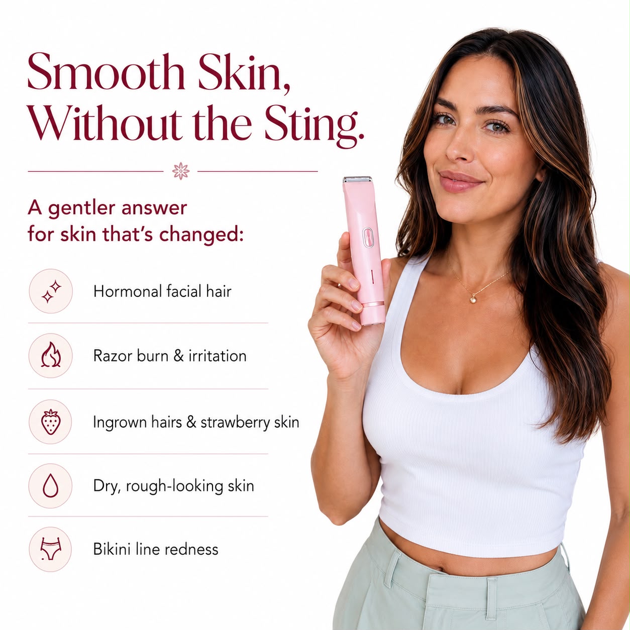 Woman holding a pink women's body trimmer designed for sensitive skin to help reduce razor burn, ingrown hairs, and bikini line irritation.