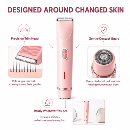 Sensitive skin women's body trimmer featuring a precision trim head and gentle-contact guard to help reduce razor burn and irritation.