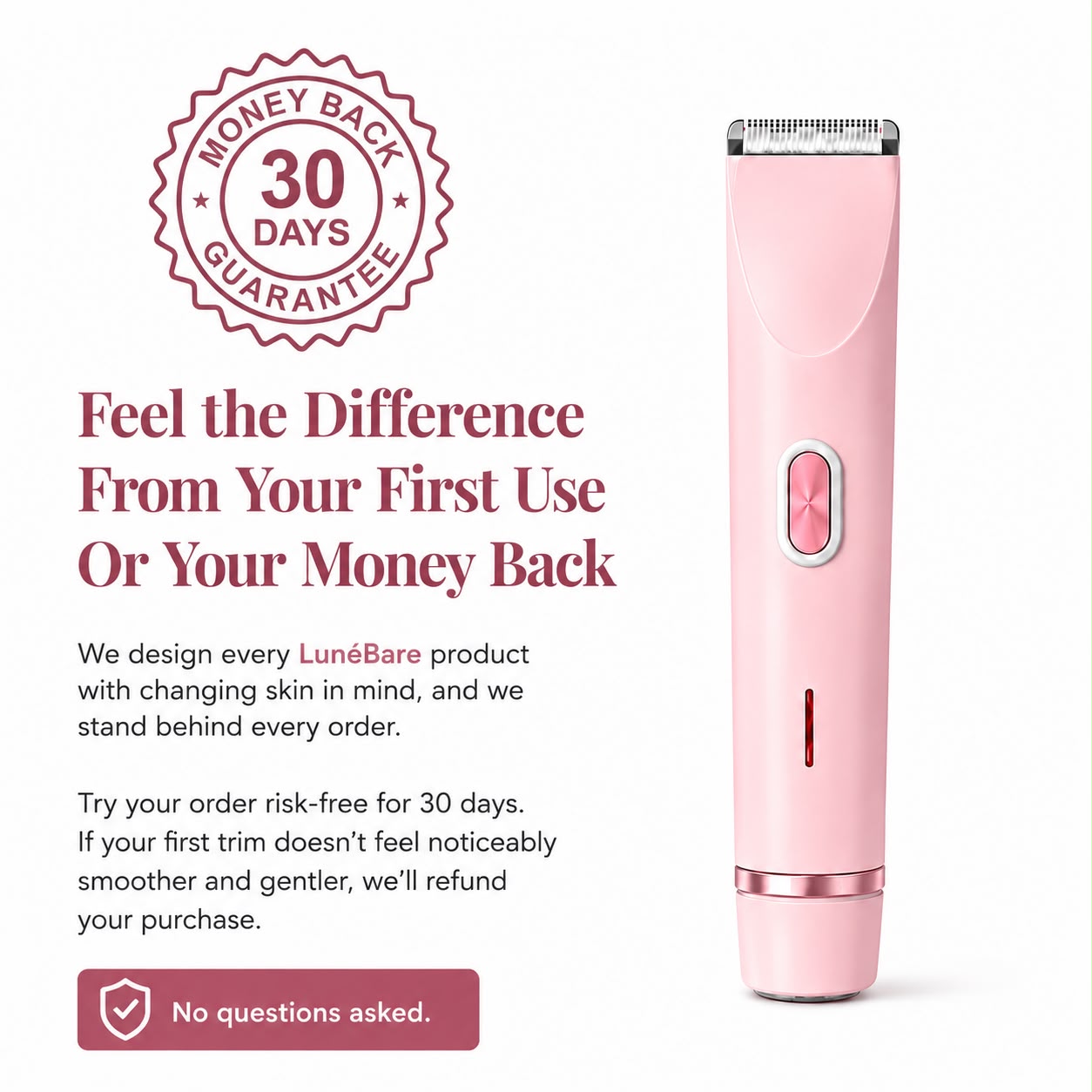 Women's body trimmer for sensitive skin with a 30-day money-back guarantee, designed to help reduce razor burn and irritation.