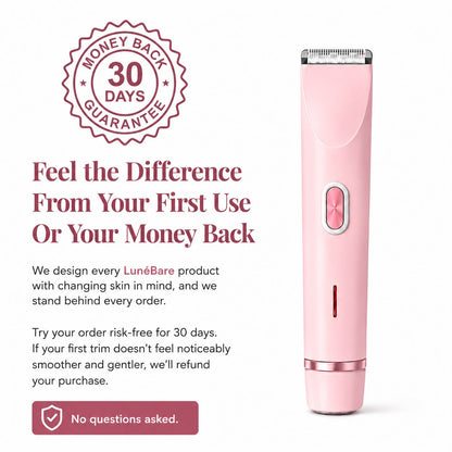 Women's body trimmer for sensitive skin with a 30-day money-back guarantee, designed to help reduce razor burn and irritation.