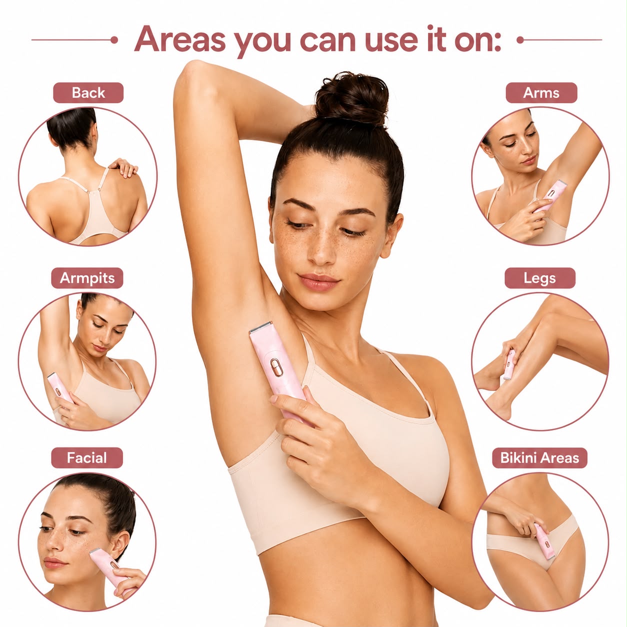 Gentle women's body trimmer for facial hair, bikini line, underarms, legs, arms, and back with safe hair removal for sensitive skin.