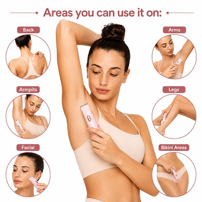 Gentle women's body trimmer for facial hair, bikini line, underarms, legs, arms, and back with safe hair removal for sensitive skin.